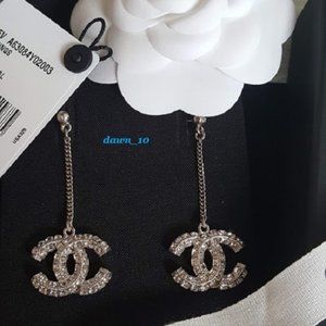 Chanel Crystal Dangle CC Earrings, Silver
